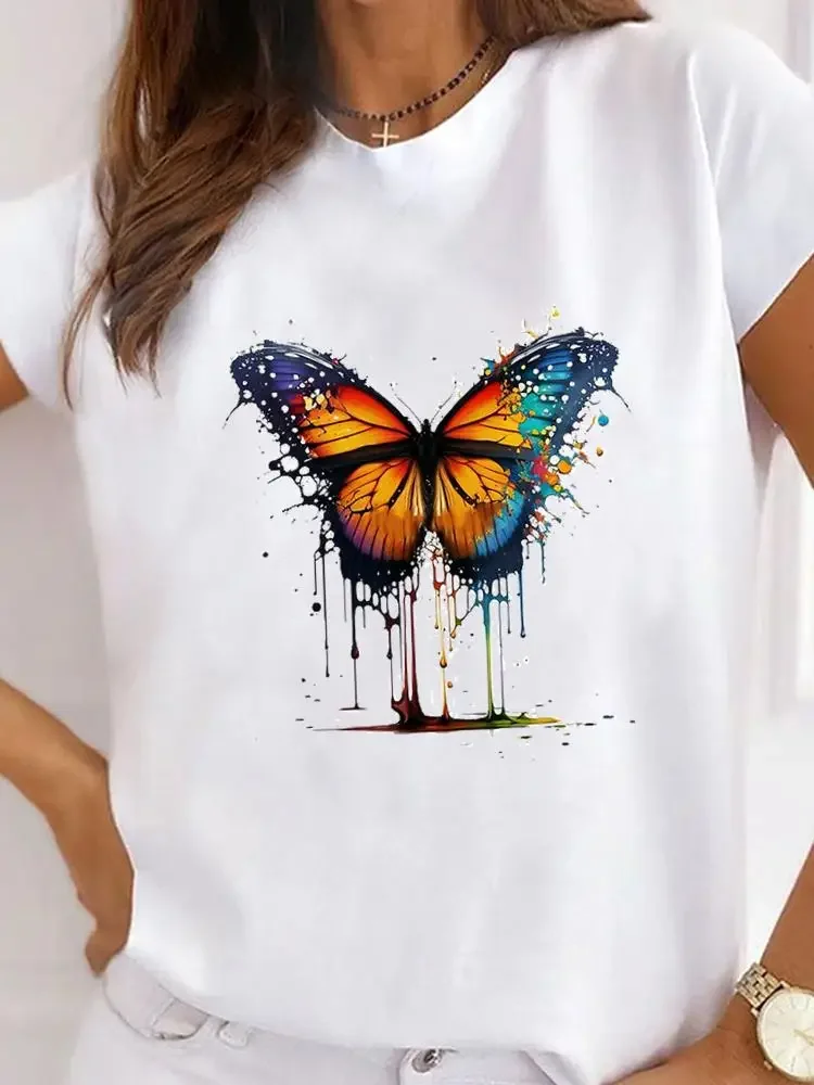 Plus Size kwiatowy motyl uroczy modny t-shirt z lat 90. Damska koszulka z moda Basic koszulką z krótkim rękawem odzież z nadrukiem