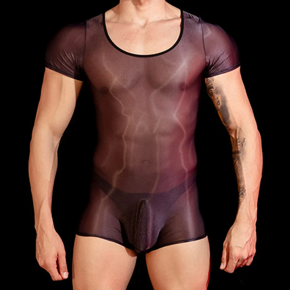 Sexy Men Ultra Thin See Through Bodysuit Short Sleeve Shorts Leotard Tight Elastic Jumpsuit Temptation Lingerie Erotic Underwear