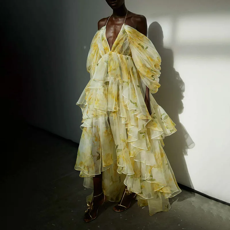 

Vacation style strap ruffle long dress 2025 new high-end design printed long dress women Summer