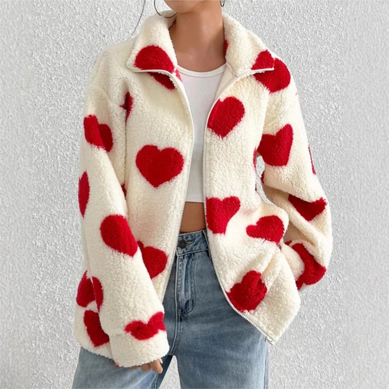 

New Plush Love Heart Printed Jackets Coat 2025 Autumn Winter New Loose Long Sleeved Zipper Cardigan Jacket Warm Women Clothes