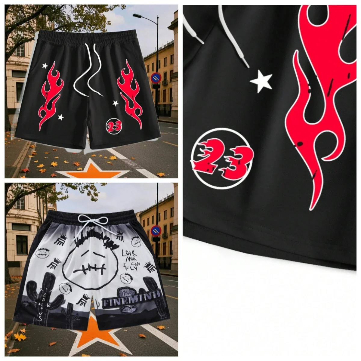 

25/26 Мужские повседневные и модные шорты нишевого стиля с привлекательными и уникальными узорами пламенного принта, идеально подходящие для уличной моды