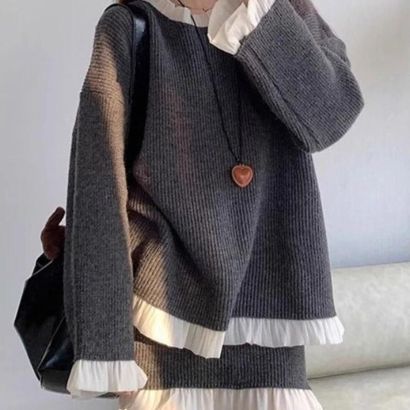 

Temperament Knit Suit Skirt Women's Autumn and Winter Design Sense Stitching Sweater Overskirt Two-piece Suit