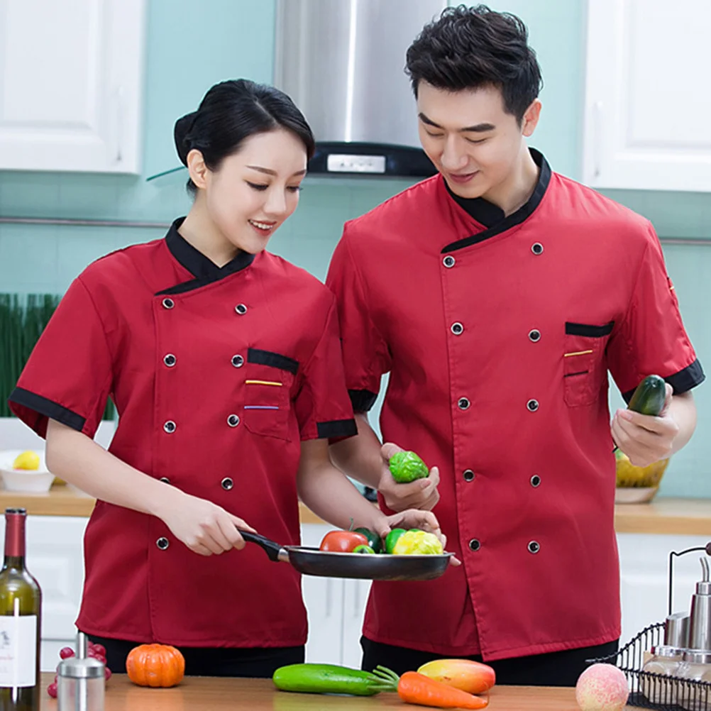 Unisex koksjas met korte mouwen L Wijnrood Premium materiaal Ademend Oliebestendig Gemakkelijk te wassen Praktische keukenbenodigdheden