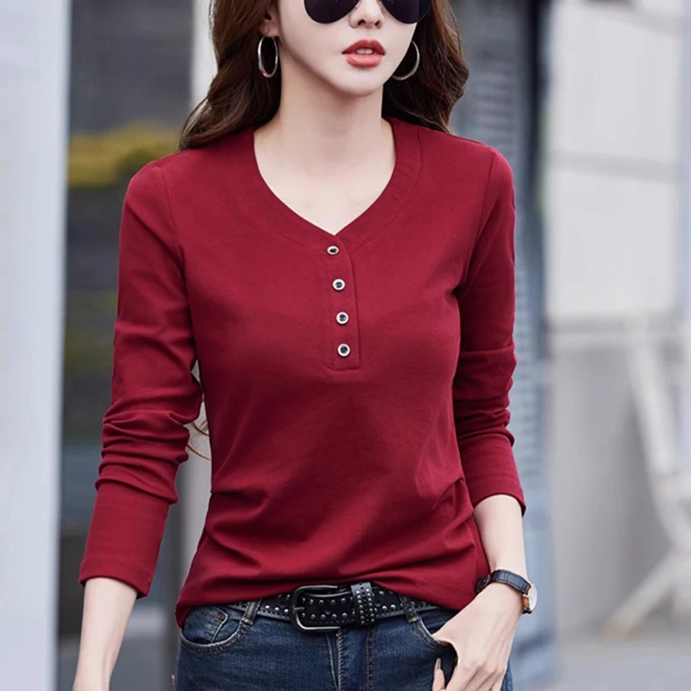 

Angola red pure cotton long sleeved T-shirt for women's spring and autumn fashion plus size Korean version V-neck casual top