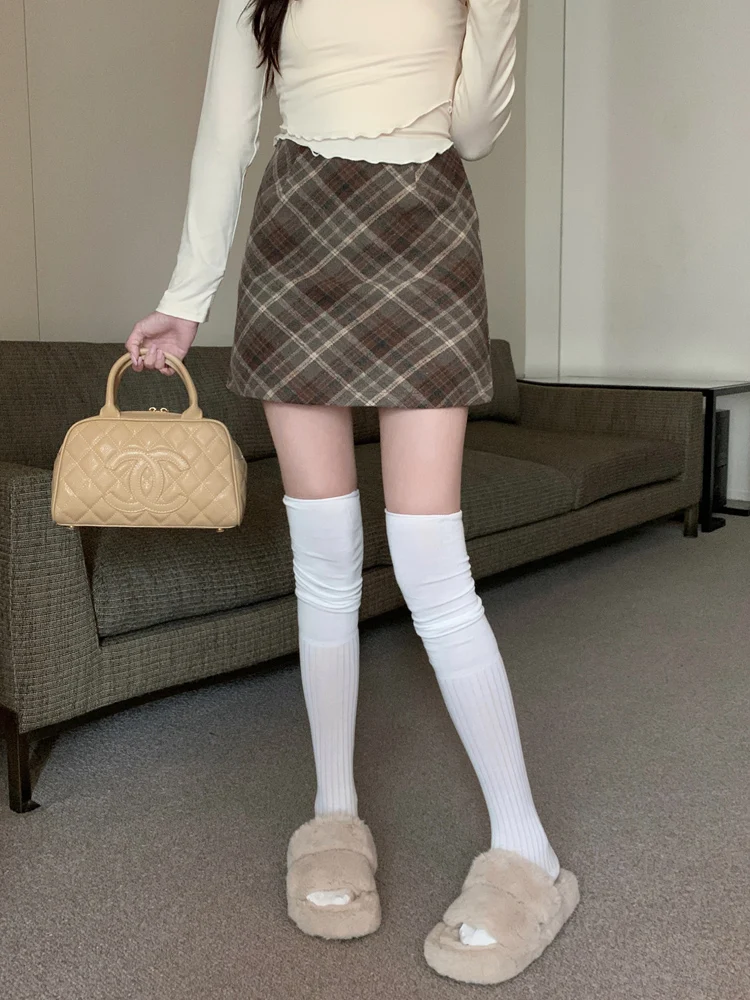 High Waist Plaid Woolen Mini Skirt Women's Autumn Winter Vintage Wrap A-Line Skirt Korean Sle Commute Polyester Fiber