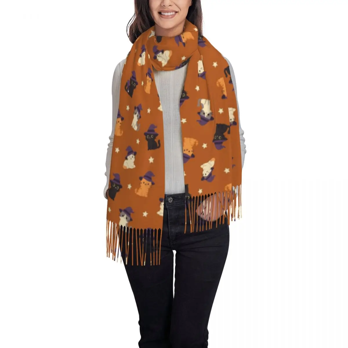 Witch Black Cat Pumpkin Halloween Pattern Scarf Tassel Scarves Women Soft Warm Shawls and Wraps Large Fall Winter Shawl Wrap