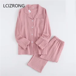 Spring Cotton Crepe Couple Pajama Set Women Solid Plus Size Long Sleeve Cardigan Long Pant Home Suits Sleepwear Nightgown Female