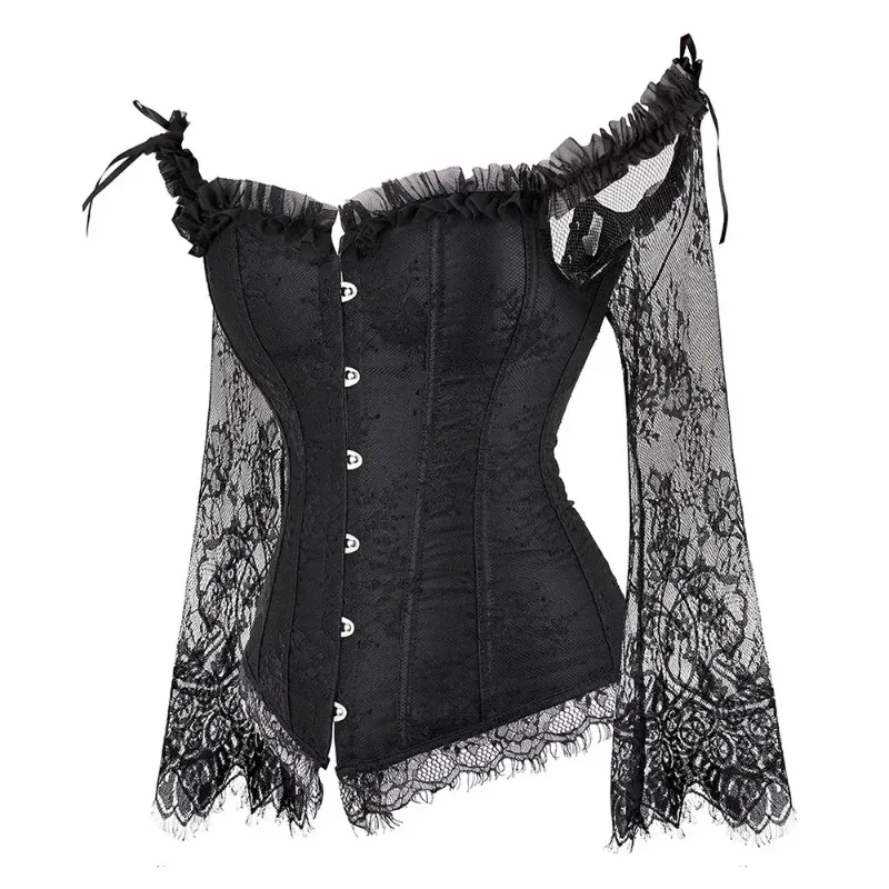 Corset vintage sexy pour femme, épaules dénudées, à lacets floraux, bustier long à manches longues