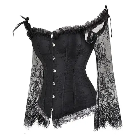 Vintage Sexy Women Corset Top Off Shoulder, Floral Lace up Overbust Bustiers Long Sleeve Corsets