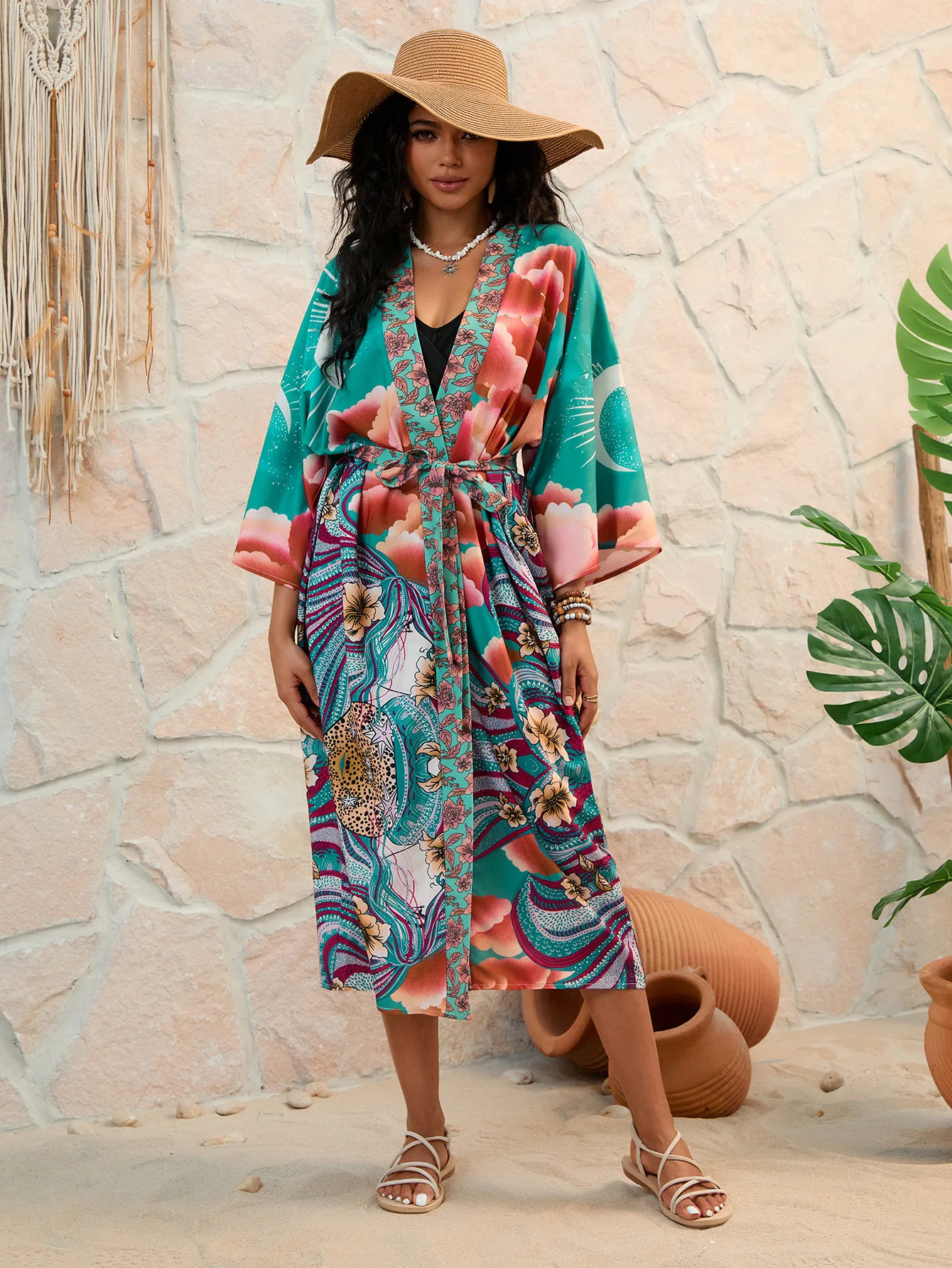 Stylish Tie Dye เปิดด้านหน้ายาวชุดว่ายน้ํากิโมโนสําหรับสตรีชุดว่ายน้ํา Cover Ups