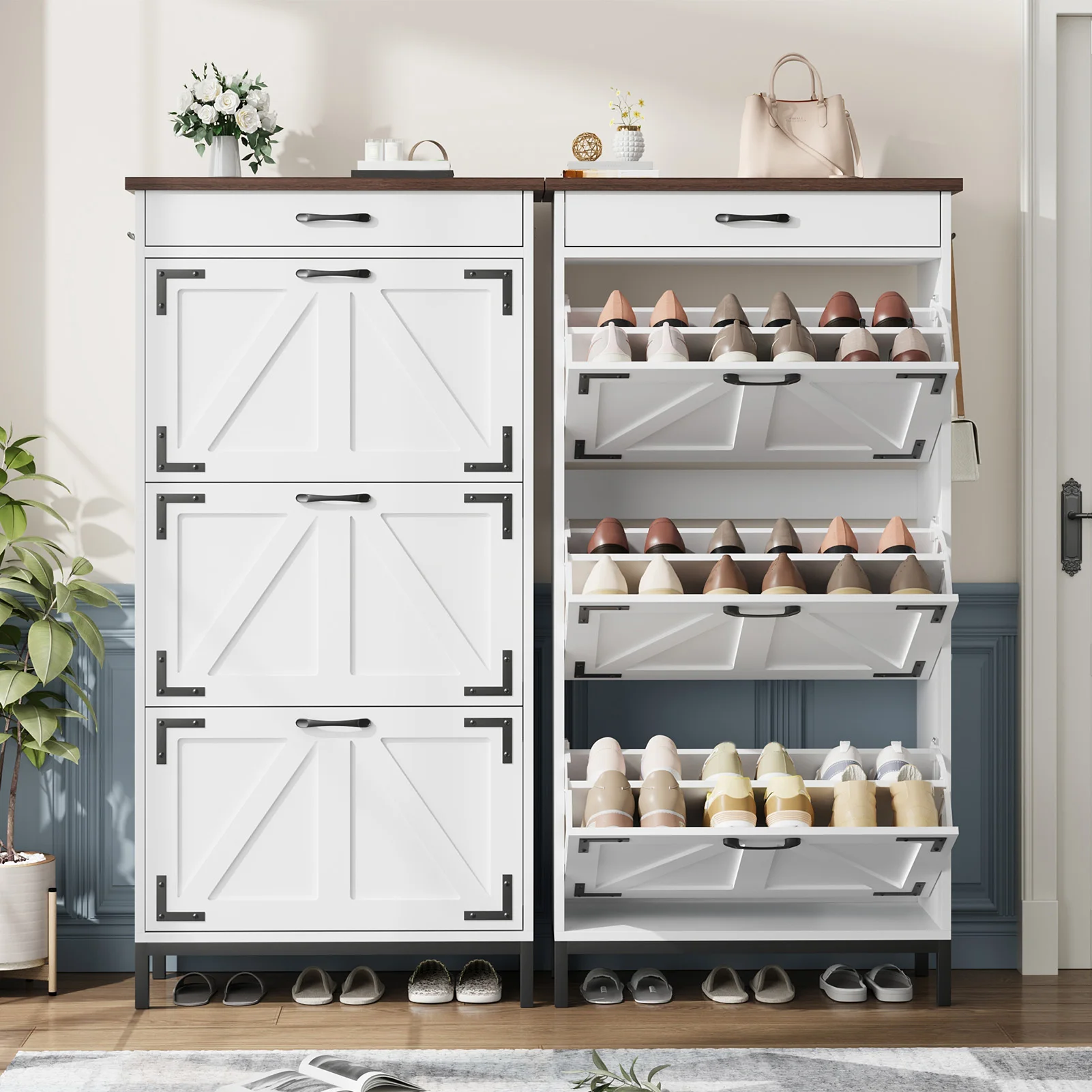 Gabinete de almacenamiento de zapatos con cajones abatibles MDF Industrial Gabinete organizador de zapatos de pie de gran capacidad para entrada Blanco