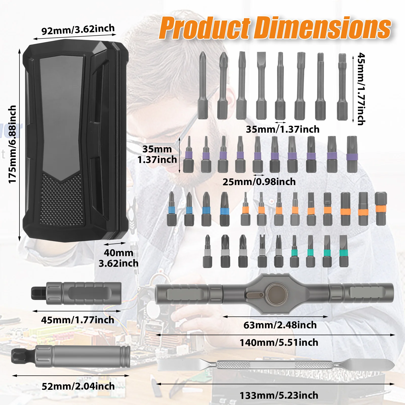 

43 in 1 Professional Ratchet Screwdriver Set with T-Handle & Magnetic Tips, Hardened Steel Bits for Electronics