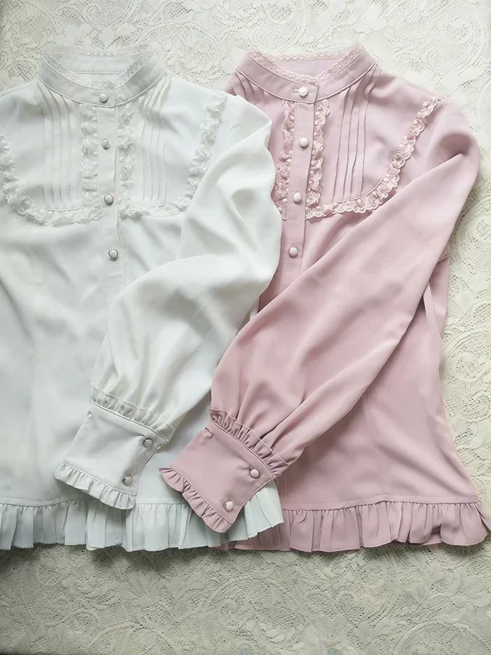 Camicetta Lolita da donna dolce camicia abbottonata con maniche lunghe a lanterna Vintage rosa arruffata