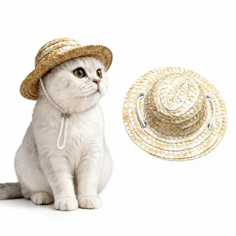 New Cute Pet Straw Hat Adjustable Chin Strap Lightweight Breathable Sun Hat For Cat Small Dog Photo Prop Accessories