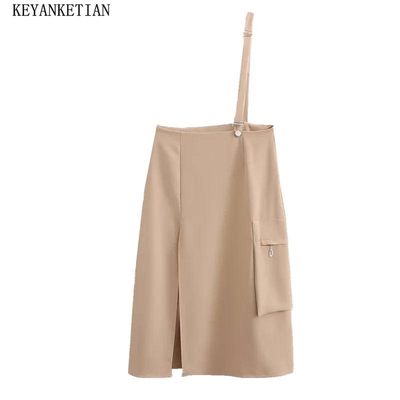 

KEYANKETIAN New Launch Women's Asymmetrical One Shoulder Suspender Skirt Preppy Style Side Zipper High-waisted Slit MIDI Skirt