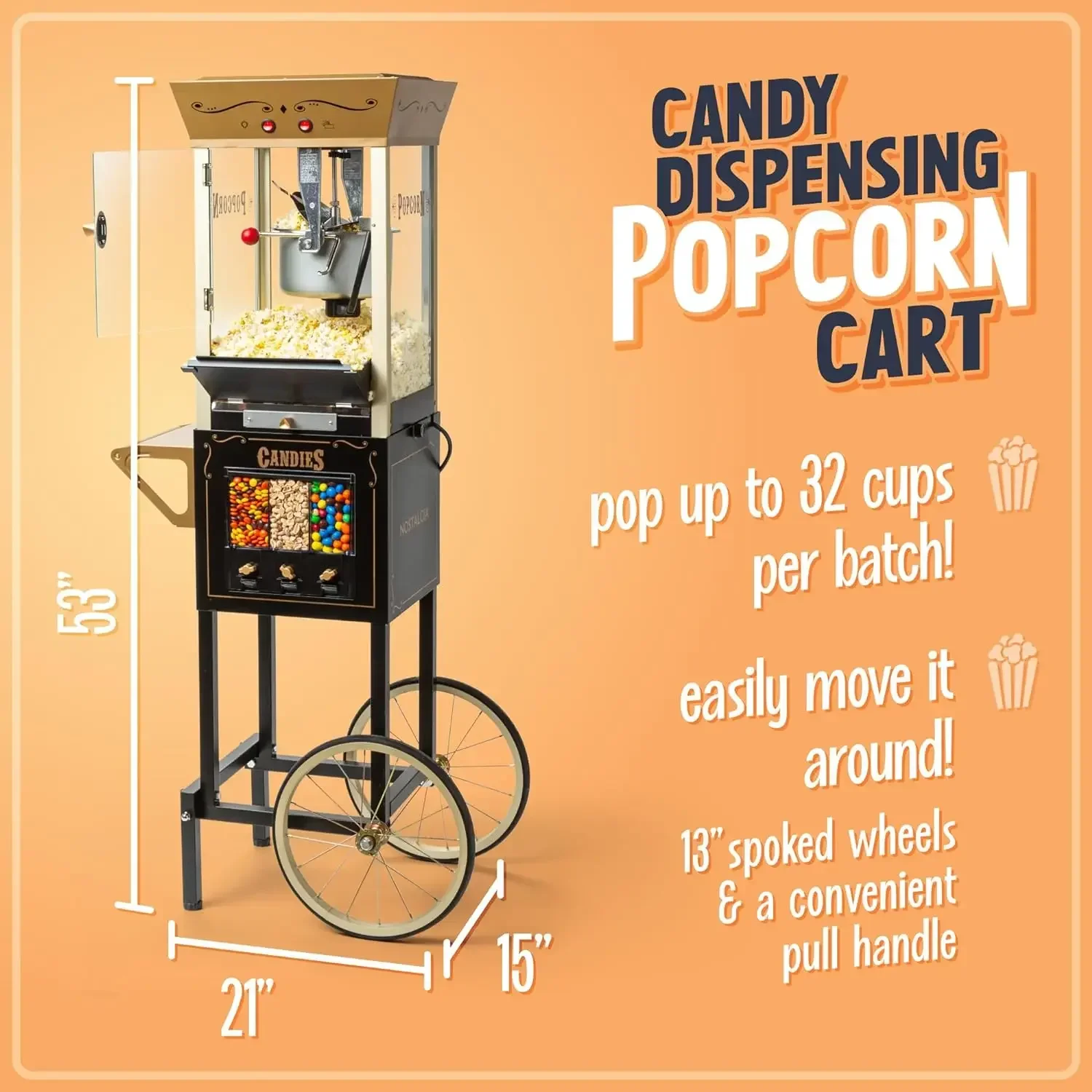 home.Nostalgia Popcorn Maker Machine - Professional Cart With 8 Oz Kettle Makes Up to 32 Cups with Candy & Kernel Dispenser -