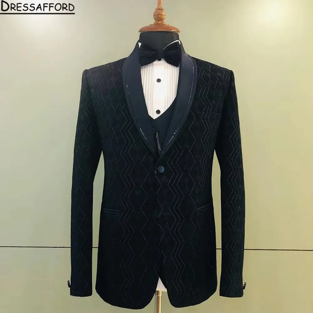 Black Two Pieces Glitter Crystal Blazers Men Suits Fashion Banquet Business Jacket Pants Trousers