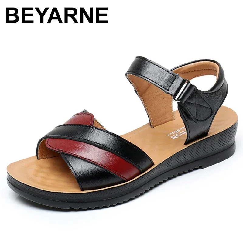 Summer Women's Sandals Genuine Leather Female Soft Bottom Casual Flat Shoes Mother Slip On Beach Shoes Sandals free shipping