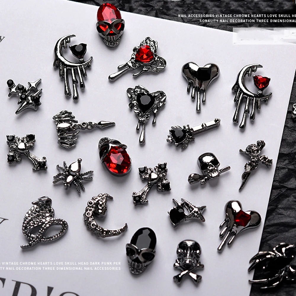 10Pcs Punk Cross Nail Art Charm 3D Alloy Heart Zircon Inlaid Diamond Dark Gothic Nail Decoration Halloween DIY Nail Accessories