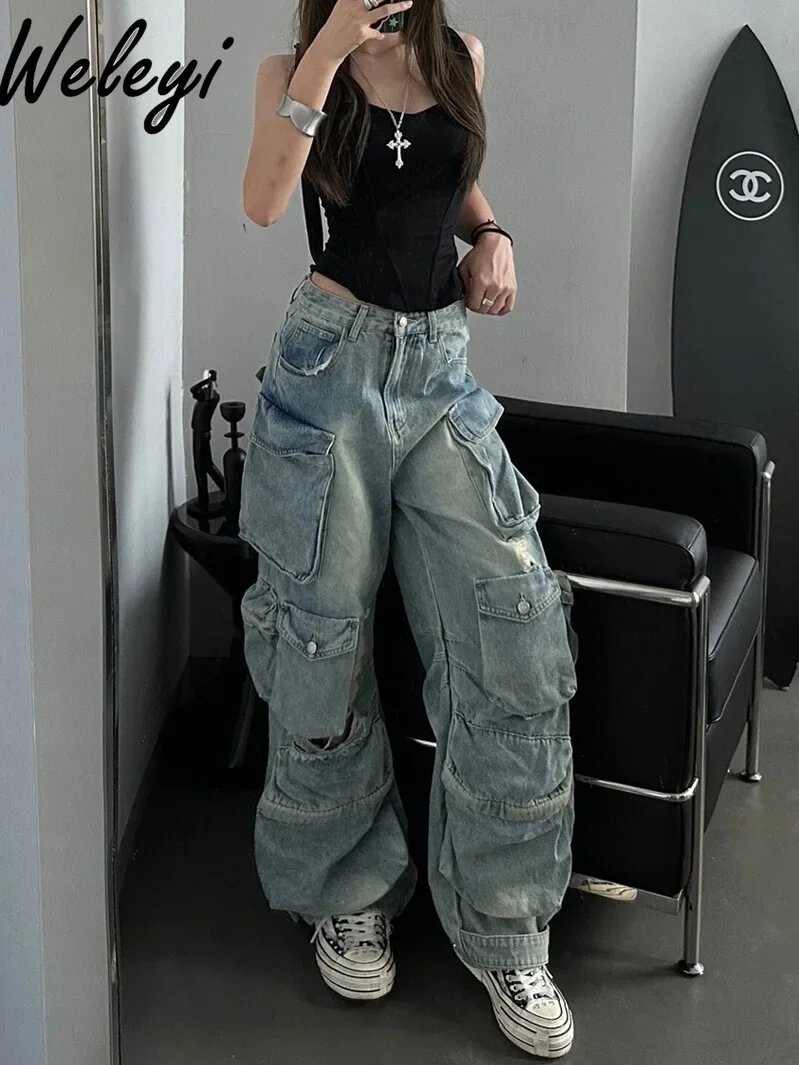 American High Streetwear Multi Pockets Overalls Jeans Men's and Women's 2024 New Hiphop Worn Ripped Mopping Denim Pants Femme