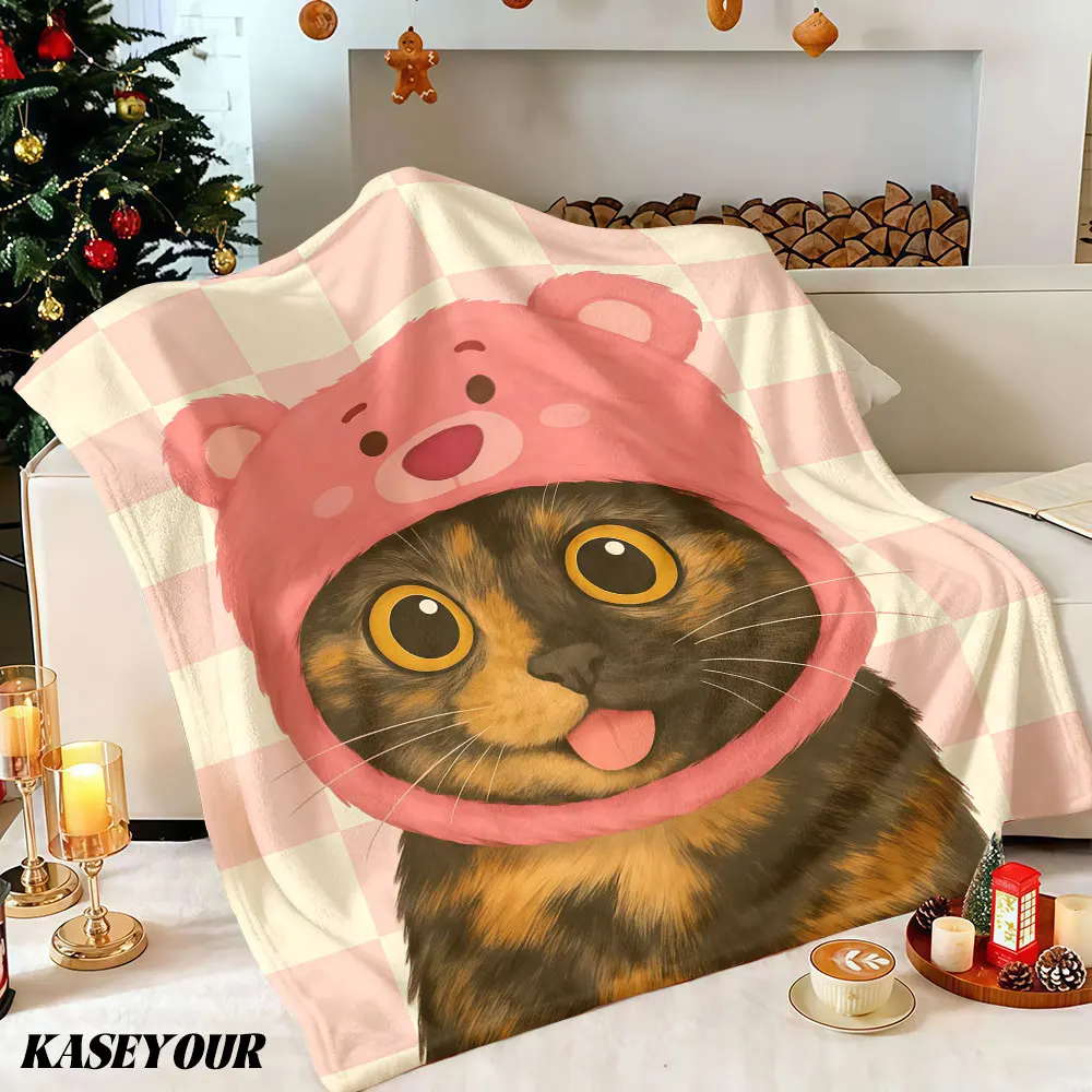 Tortoiseshell Cat Bear Hat Winter Summer Flannel Blanket Throw Fleece Soft Fuzzy Plush Cozy Fleece Blankets for Sofa Ideal Gifts