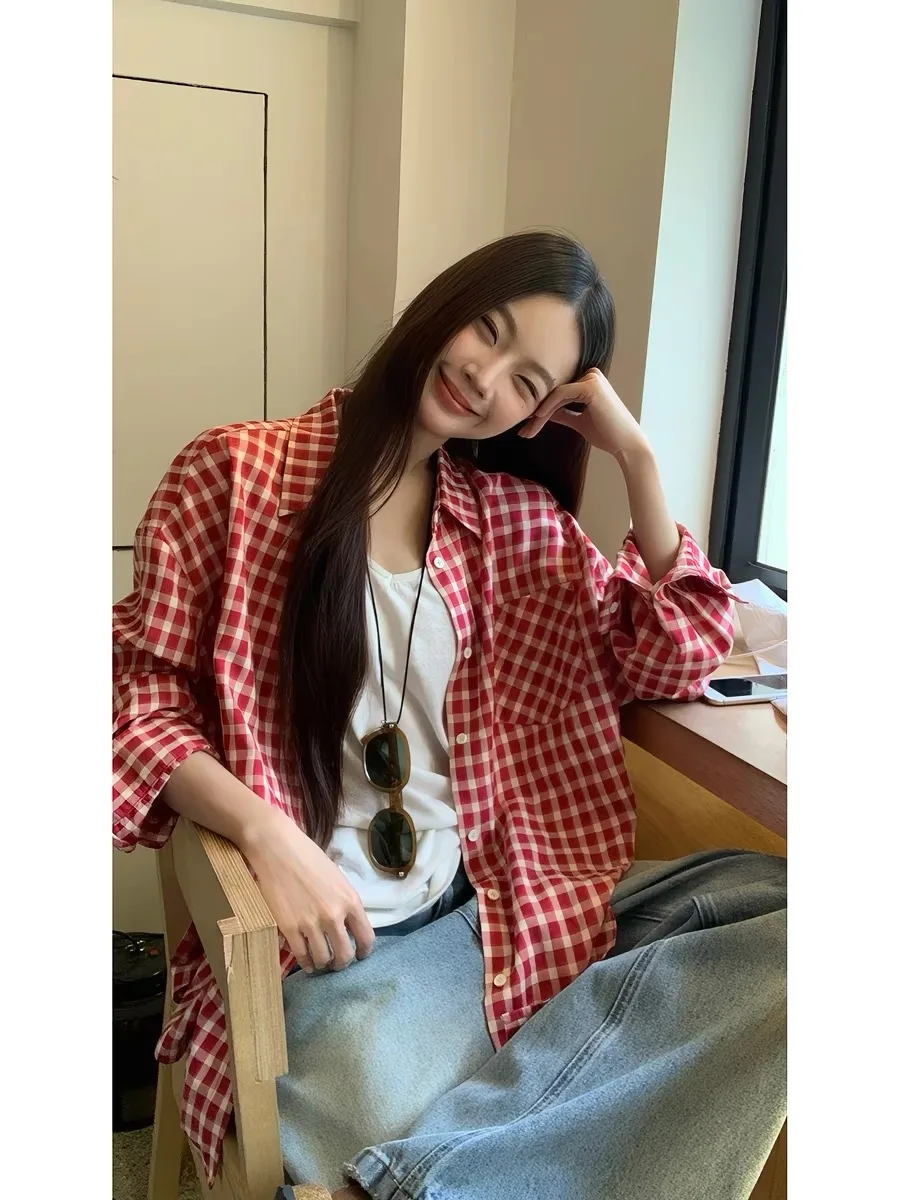 2026 Y2k Autumn Women New Vintage Red Plaid Turn-down Collar Over-shirt Long Sleeve Streetwear Loose Patchwork Harajuku Blouses image 3