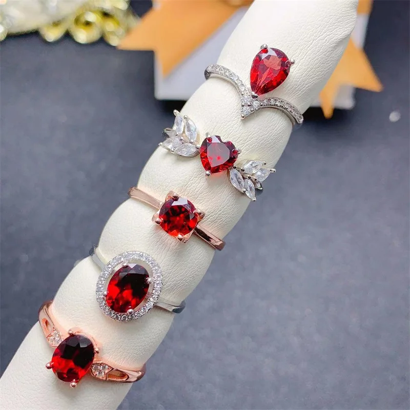 Authentic S925 Silver Natural Garnet Adjustable Size Ring for Women Girl Lady Gift Fine Jewelry with Certificate