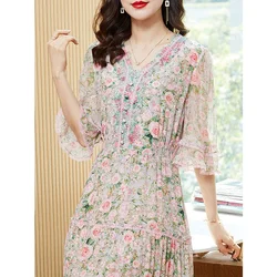 Office Lady Pink Dress Summer Women Clothing Fairy Slim Floral Dress Elegant Real Silk Dress For Women Vestidos Zm