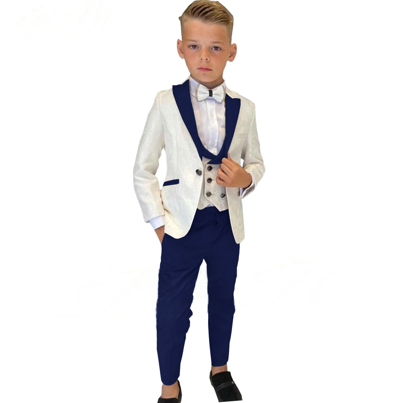 Boy Suits Costume 3 Pieces Child Ivory Jacquard Jacket Sets Flower Boys Formal Party Suit Kids Wedding Suit Tuxedo