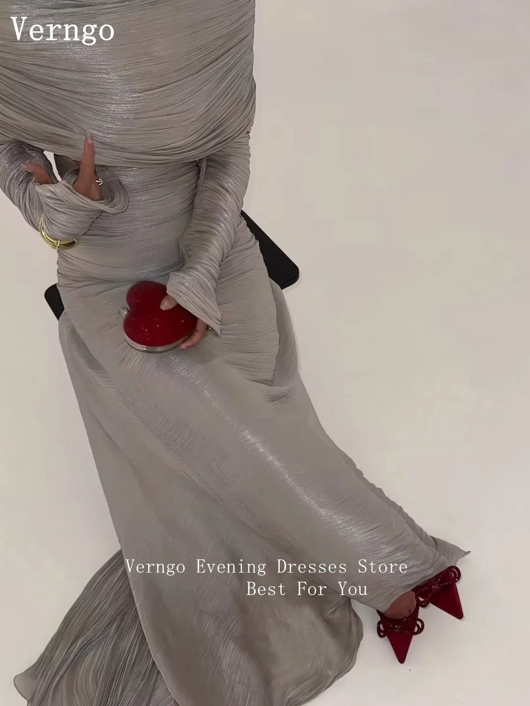 Verngo Gray Shiny Satin Evening Dress High Neck Full Sleeves Mermaid Prom Gown Pleated marmarhalim Dress Customized