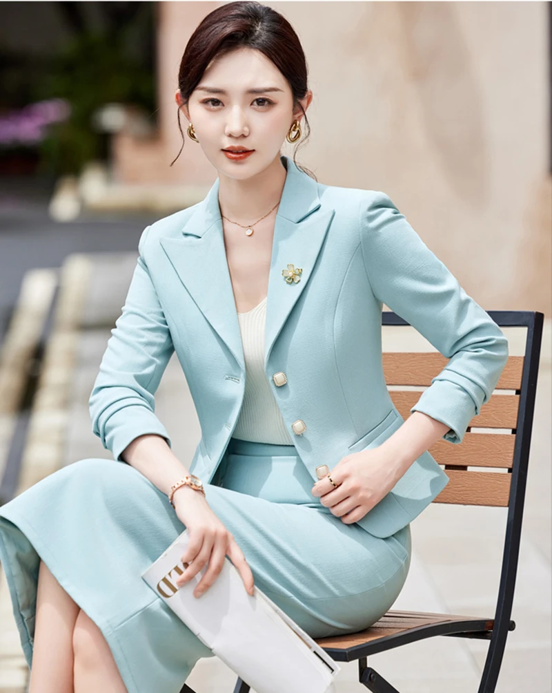 Office Suit Women Front Desk Host Commuter OL Long Sleeve Blazer Skirt Elegant 2 Piece Set High Quality Professional Suit Jacket