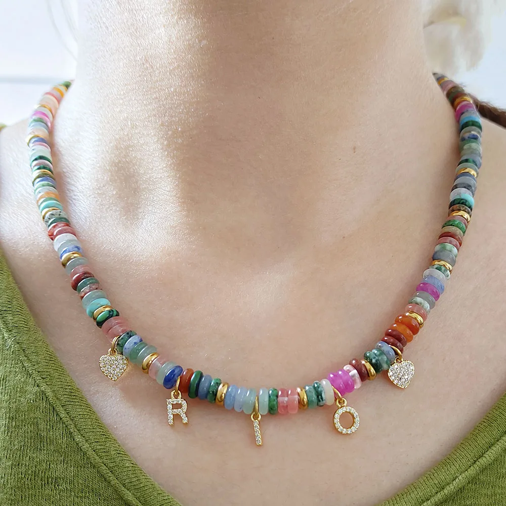 

2025 Personalized Zircon Initial Necklace Custom Beaded Wheel Chain Natural Color Gemstone Choker Summer Daily Jewelry for Her