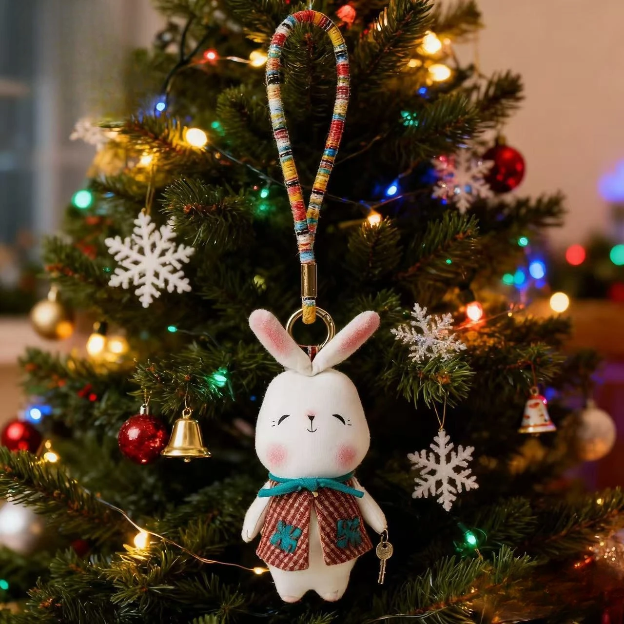 Kaninchenpuppe, handgefertigt, PP-Baumwolle, Kaninchen-Weihnachts-Schlüsselanhänger, nordischer Dressing, Kaninchen, ländliche Sammlung, handgefertigte Puppe, Weihnachtsgeschenk