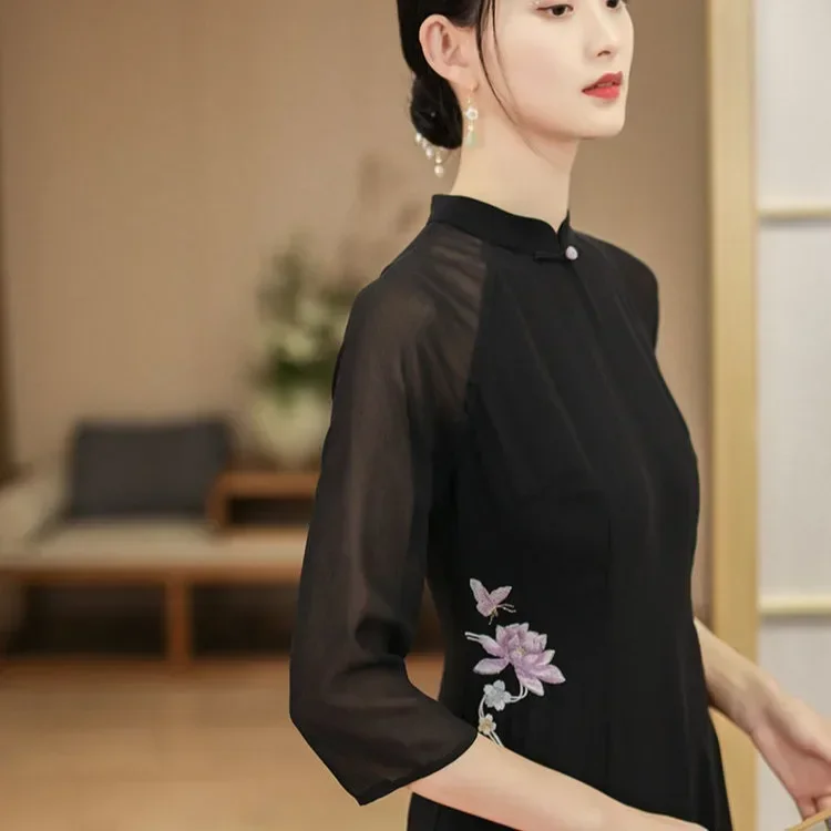 

Black Ao Dai Vintage Long Qipao Hanfu Women Chinese Traditional Dress Cheongsam Robe Vestido Chino Mujer Modern Elegant DW139