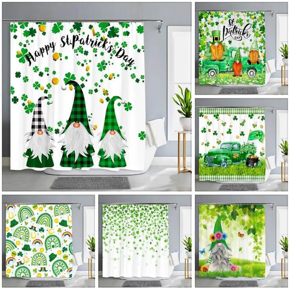 

Happy St. Patrick's Day Shower Curtain Green Clover Shamrock Leaf Irish Gnome Elf Design Buffalo Check Plaid Decor Bath Curtains