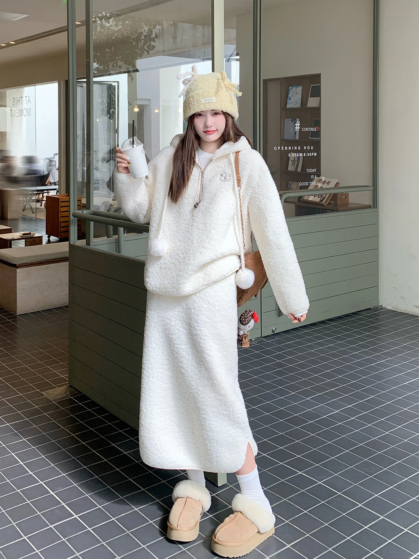 

Корейский свитер с капюшоном Fce, женский свободный топ, зимний комплект с юбкой, комплект из двух предметов, теплый повседневный модный комплект