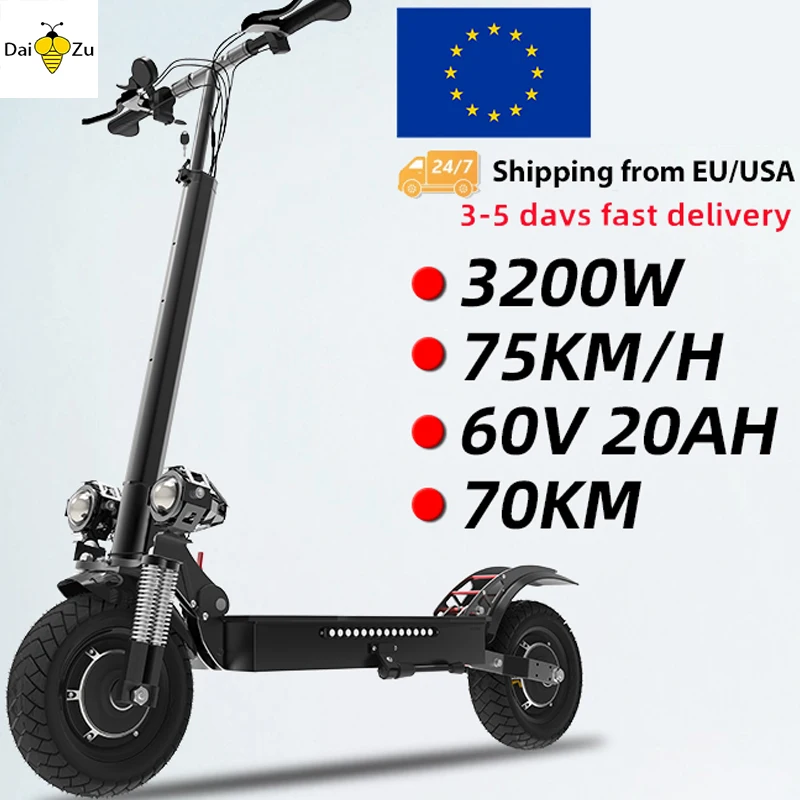 75KM/H Max Speed Electric Scooters Adults 3200W 60V Powerful Dual Motors E Scooter with 10 inch Tire Folding Patinete Elétrico