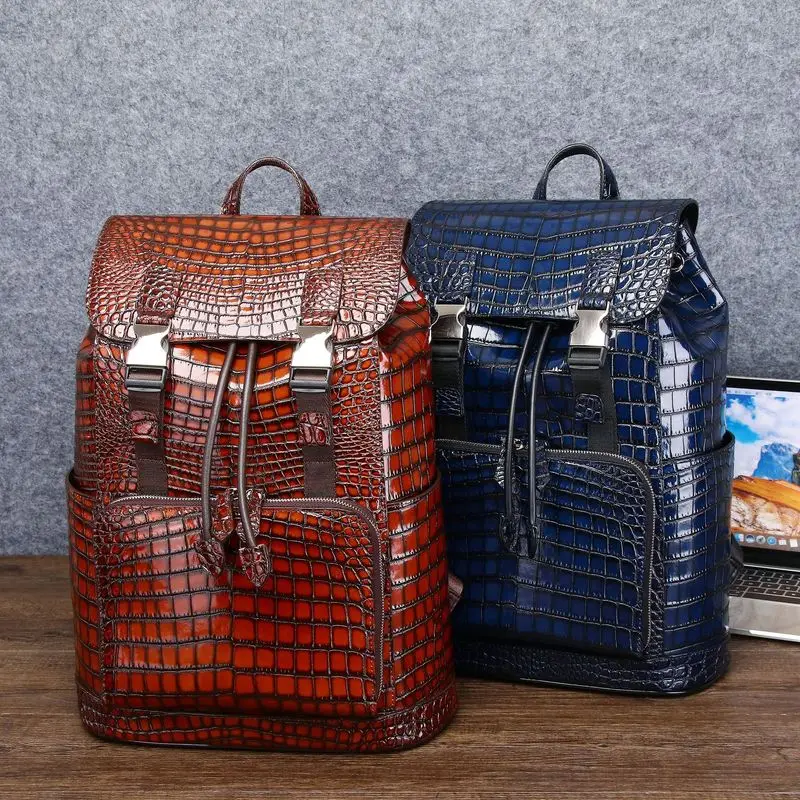 New Mens Backpack High Quality Crocodile Skin Genuine Leather Bag Large Capacity Designer Vintage Unisex Casual Travel Backpacks