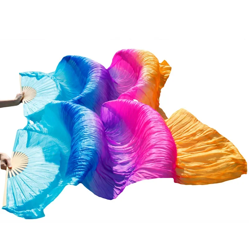 100% Real Silk Belly Dance Fan 1 Piece Right Hand Dyed Silk Belly Dance Long Fan Dance Practice Performance Silk Fans 20 Colors