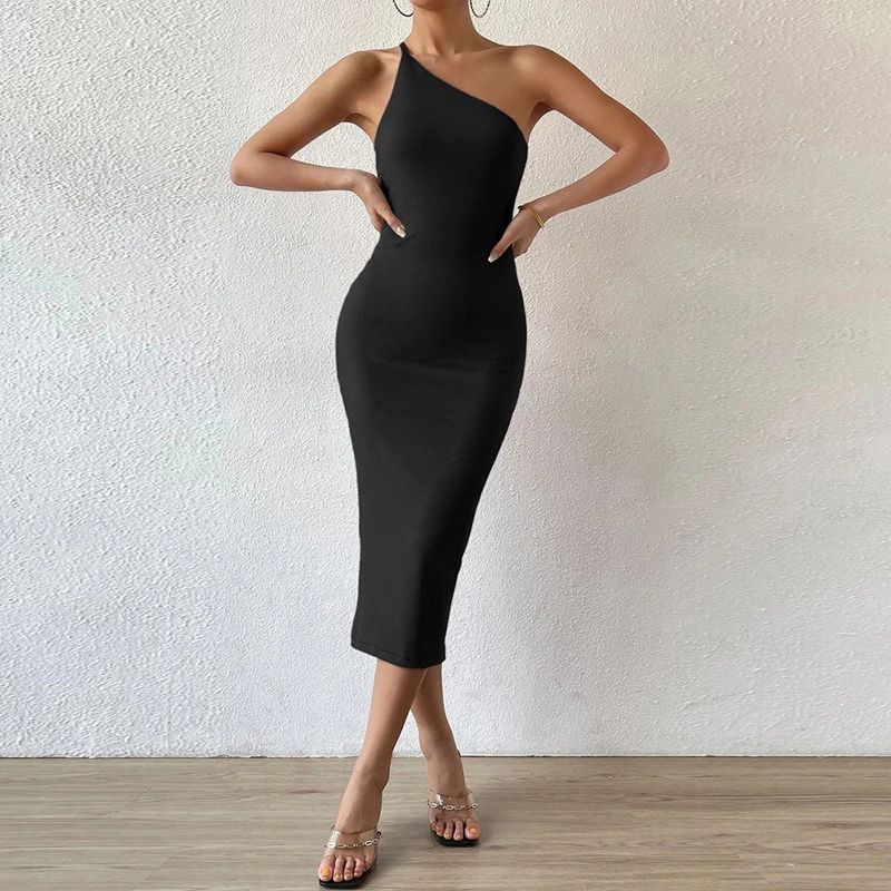 

Women's Summer Dress Asymmetric Shoulder Tight Dress Women's Black One Shoulder Hip Skirt 2024 Casual