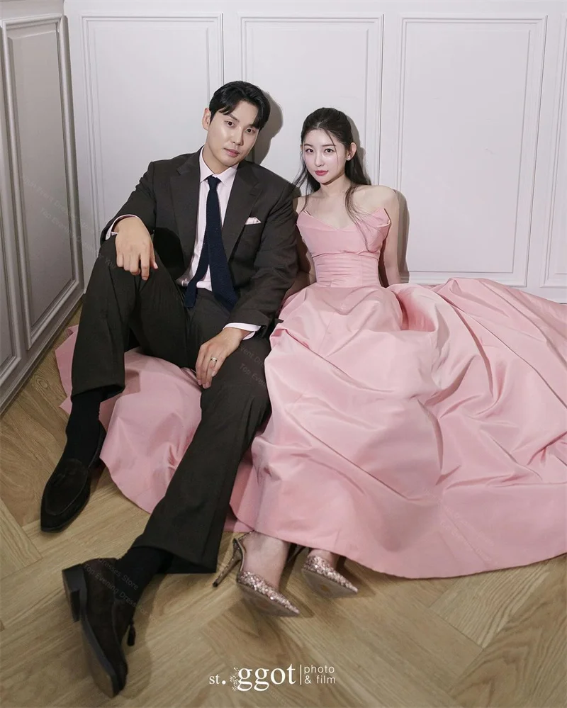 Xijun Simple Blush Pink Taffeta Evening Dresses Wedding Photoshoot Sweep Train Formal Party Special Occasion Dress 2024 Korean