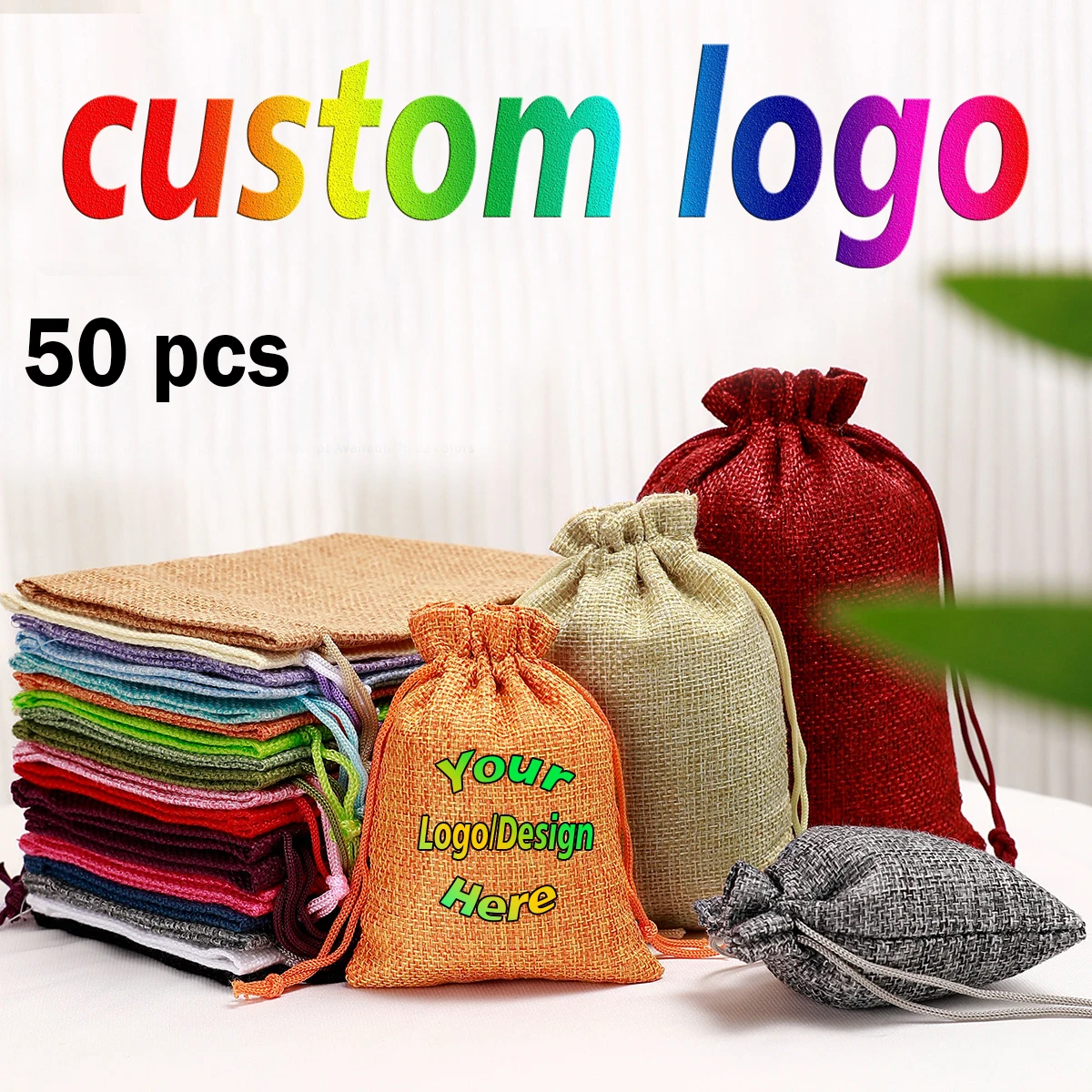 

50pcs Promotional Drawstring Natural Burlap Mini Jute Gift Bag Jewelry Wrap Wedding Bag Custom Logo For Business Pouch Bag