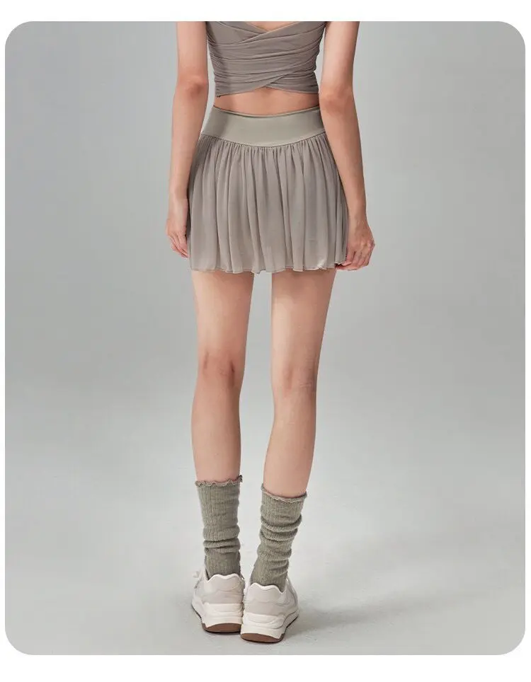 Sportlicher kurzer Rock für Damen, Sommer, hochtaillierter Mesh-Tennisrock, Anti-Exposure, zweiteiliger Fitness-, Yoga- und Badmintonrock – Detail 7