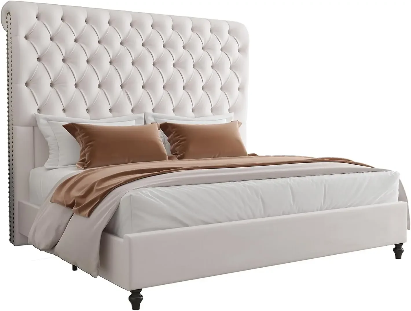 

Каркас кровати размера «queen-size», кровать с высоким изголовьем саней длиной 60 дюймов и платформой с бархатной обивкой, коробчатая пружина не требуется, кремовый