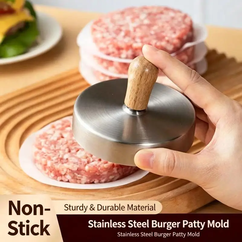 Stainless Steel Hamburger Patty Press Anti Slip Wooden Handle Nonstick Surface For Home Kitchen BBQ Homemade Burgers