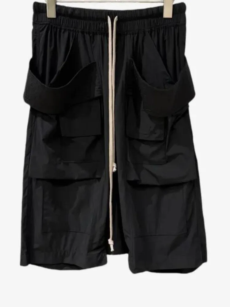 Men's Cargo Shorts Dark Style MultiPocket High Street Drawstring Elastic Waist Black Wide Leg Baggy Knee Length Pants NNXR