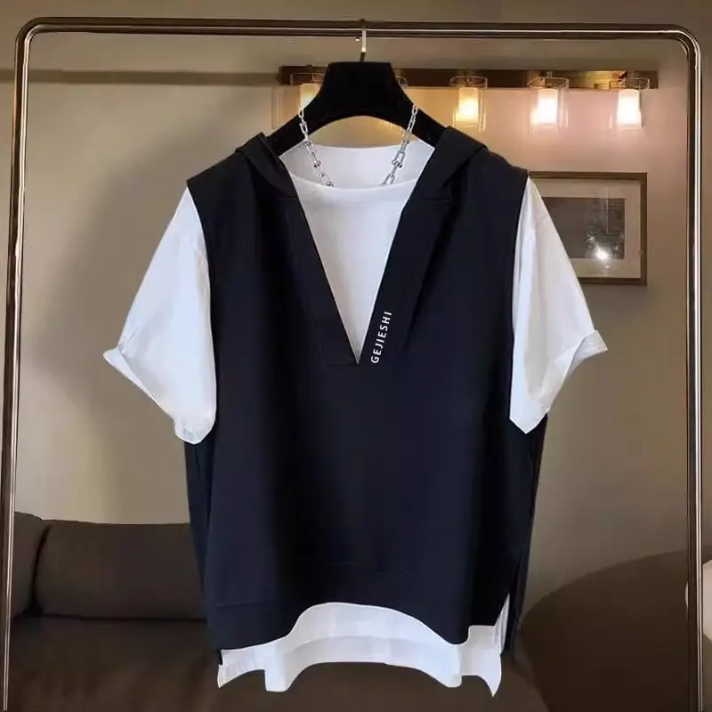 

Футболка из двух частей с вышивкой и капюшоном с короткими рукавами для мужчин и женщин, летняя японская свободная студенческая универсальная футболка