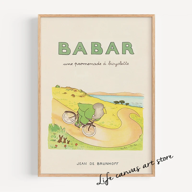 لوحة فنية عتيقة على شكل رسوم متحركة لبابار الفيل بابار لو بيتيت ايليفن ، لوحة قماشية ، صورة مطبوعة على الحائط ، غرفة الحضانة ، ديكور المنزل #4