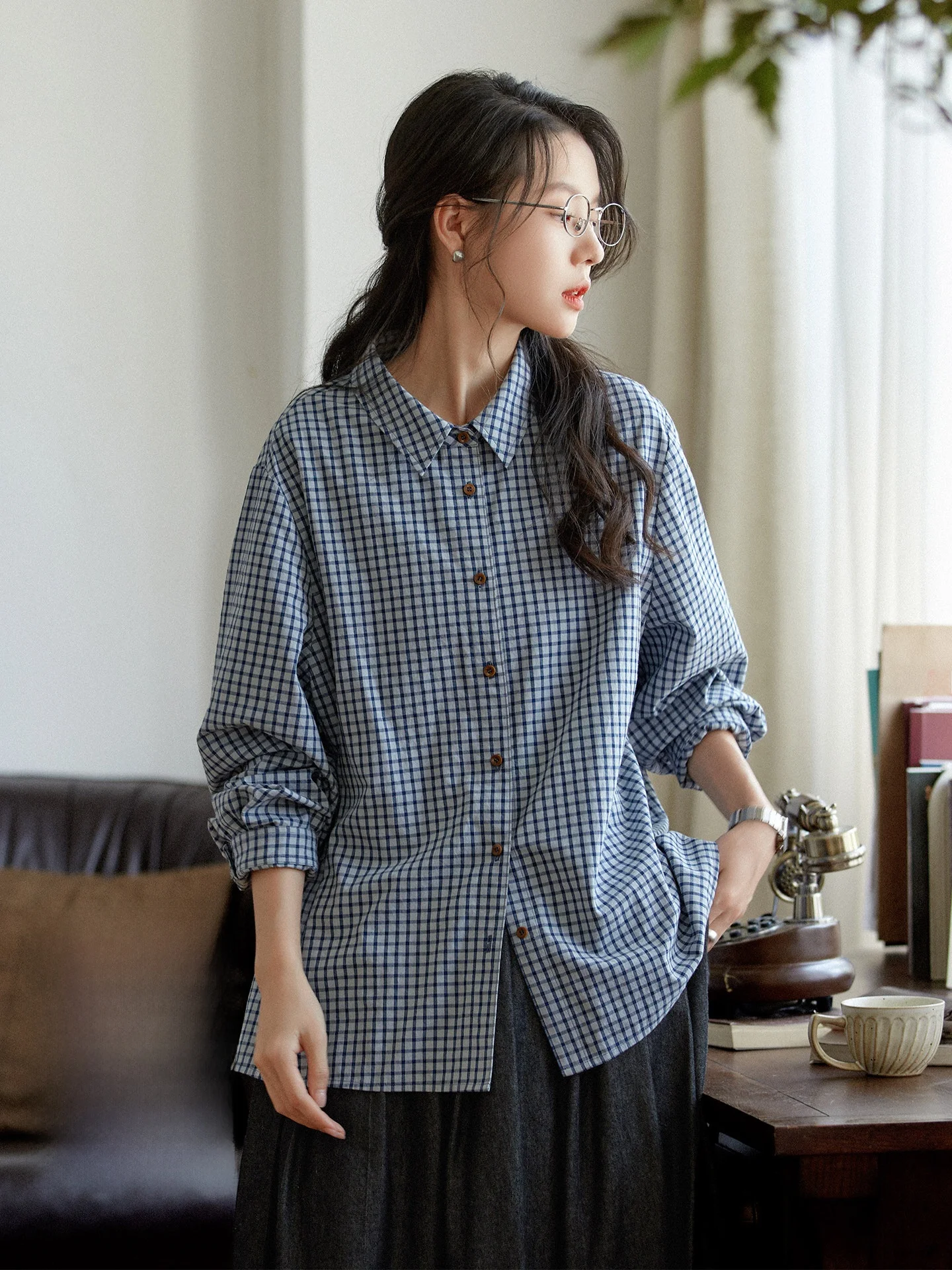 

Loose Fit Plaid Long Sve irt Women's Casual Vintage Sle Blue White id Button up Cotton Polyester Blend irt