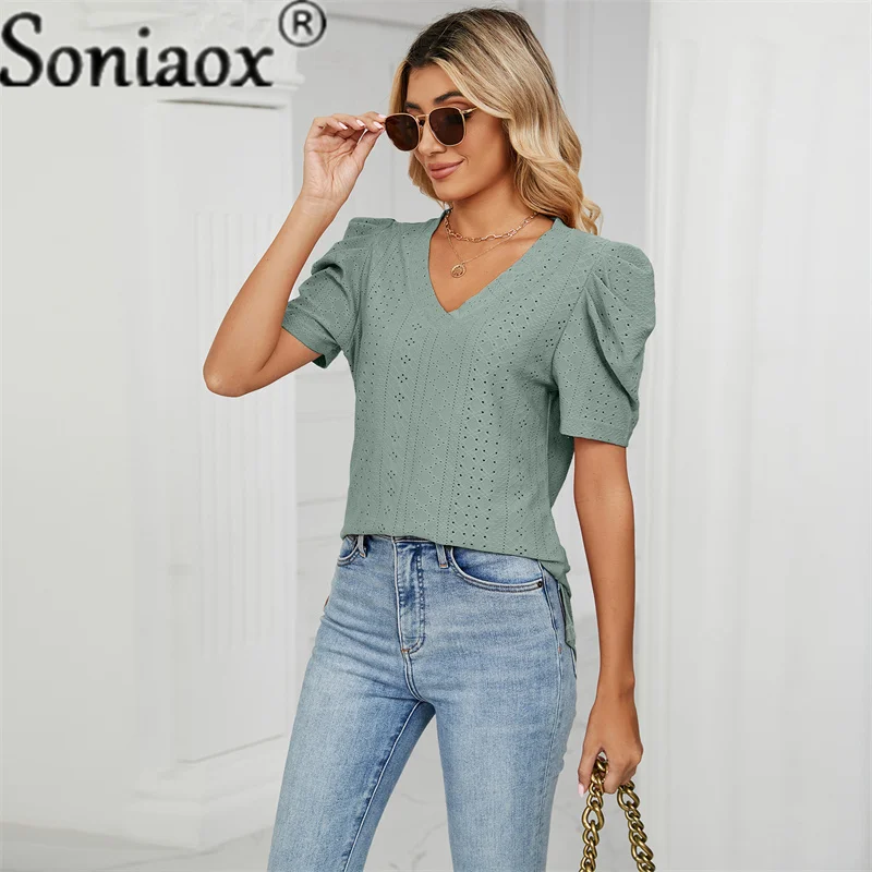 Women's Pleated Bubble Sleeve T-Shirt 2023 Summer New V-neck Refreshing Breathable Tops Female Elegant Cotton Street Casual Tees